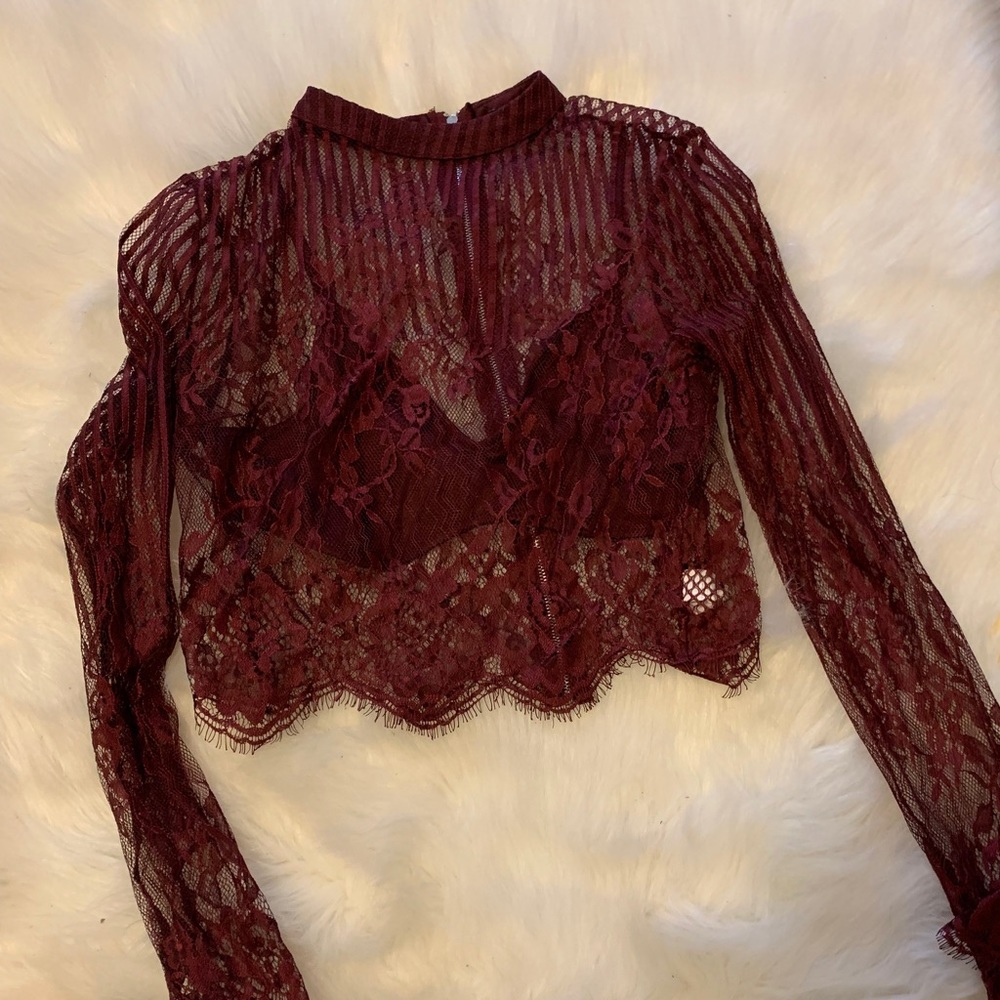 Burgundy mesh crop top